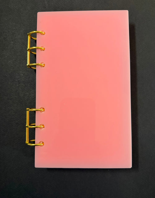 Pink Acrylic Cover Notebook top-down view with gold rings - Ink & Simple refillable A6 notebook