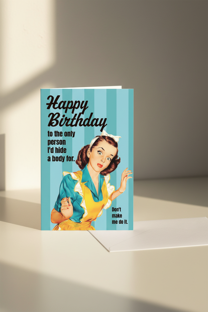 Happy Birthday Hide a Body greeting card mockup with window sunlight