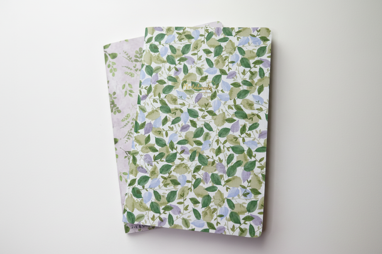 Botanical leaf notebook back cover with Ink & Simple branding