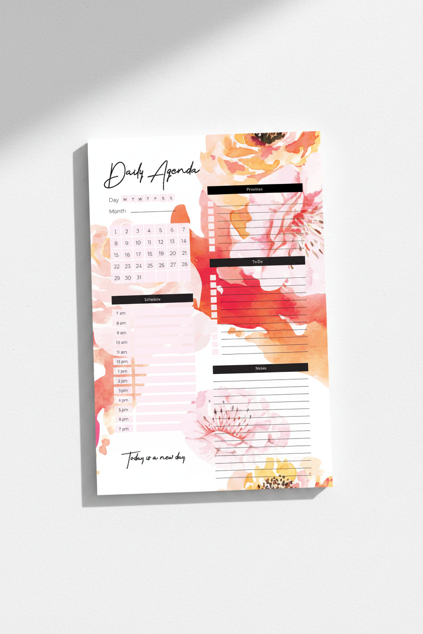 Floral Watercolor Daily Agenda Notepad - Personalized