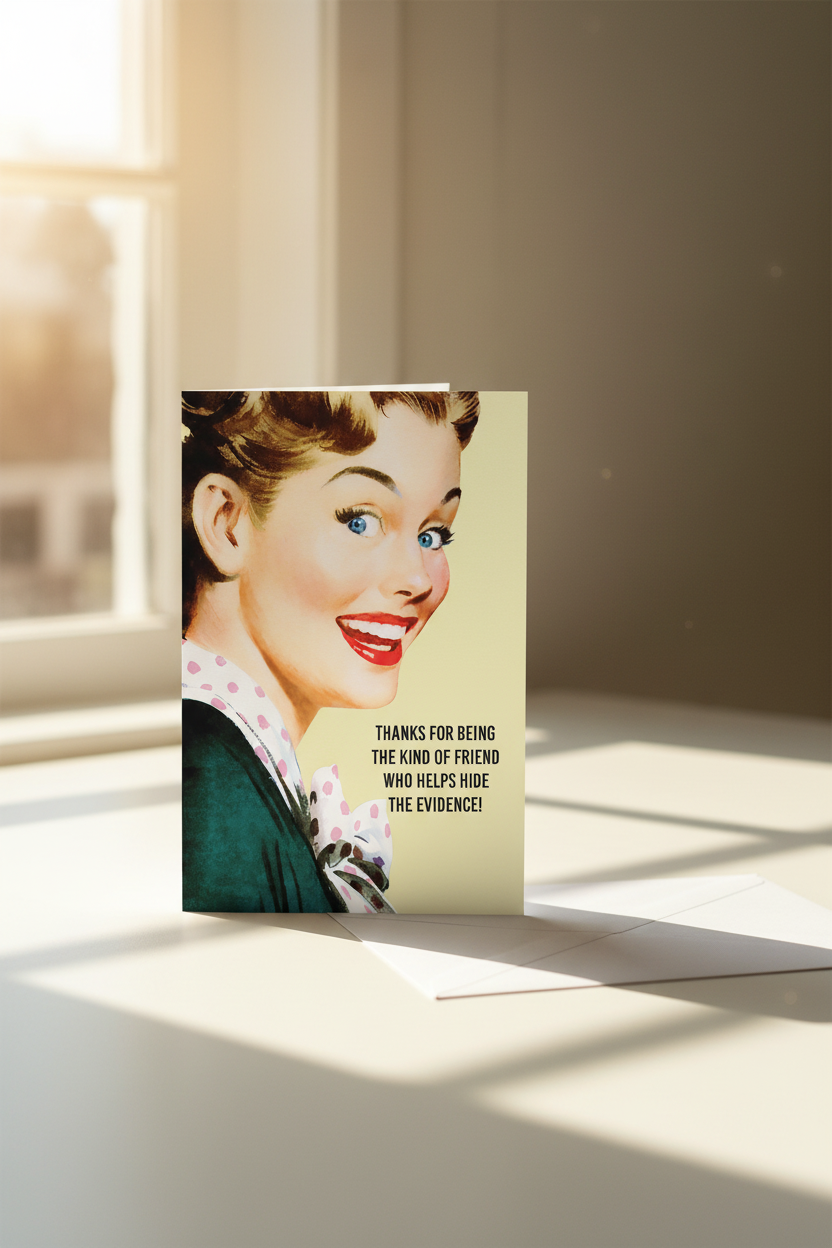 Thanks for Hiding the Evidence greeting card mockup with window sunlight