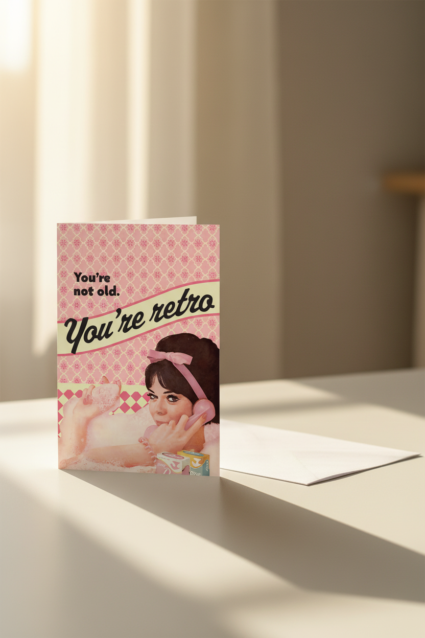 You're Not Old You're Retro greeting card mockup with window sunlight