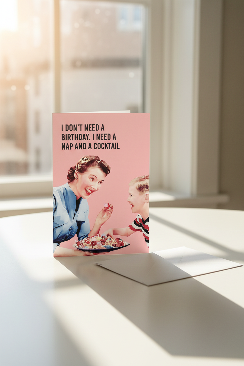 I Don't Need a Birthday greeting card mockup with window sunlight