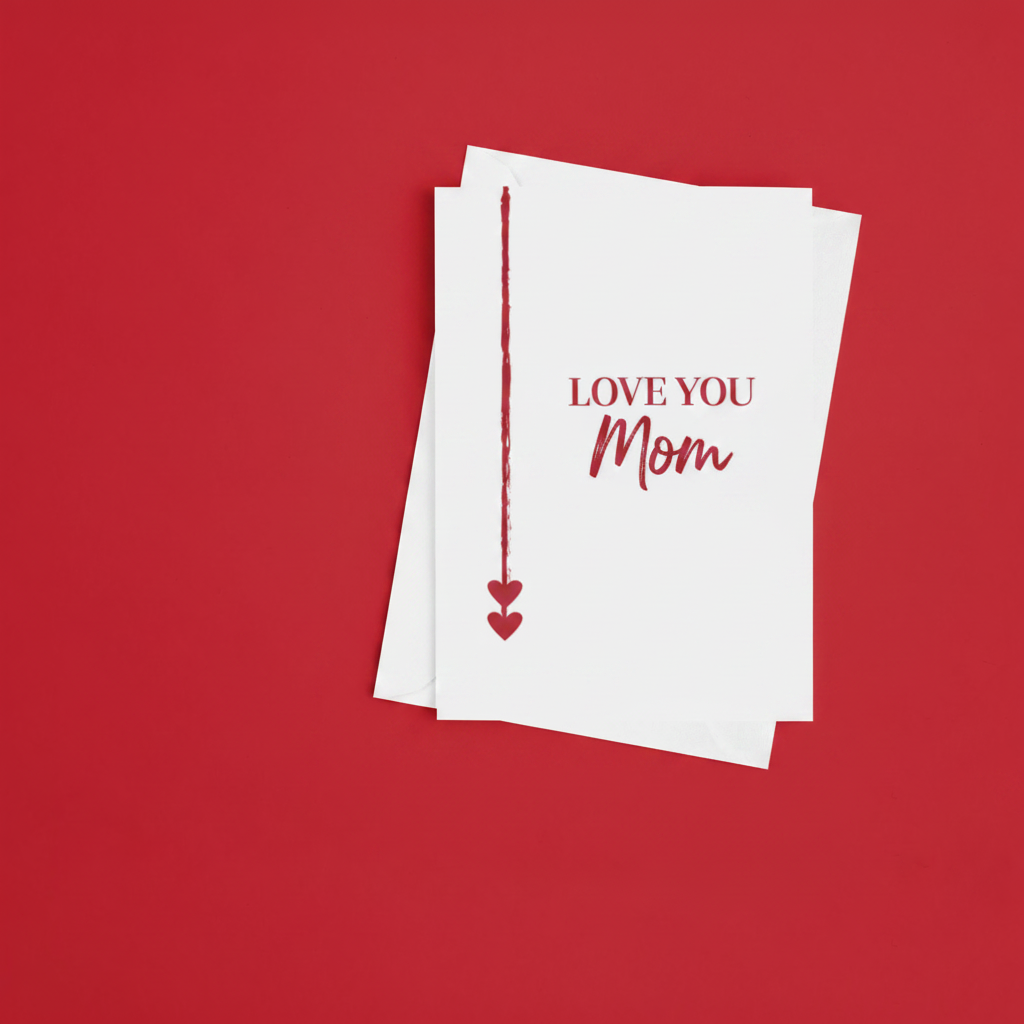 Love You Mom Greeting Card shown with white envelope