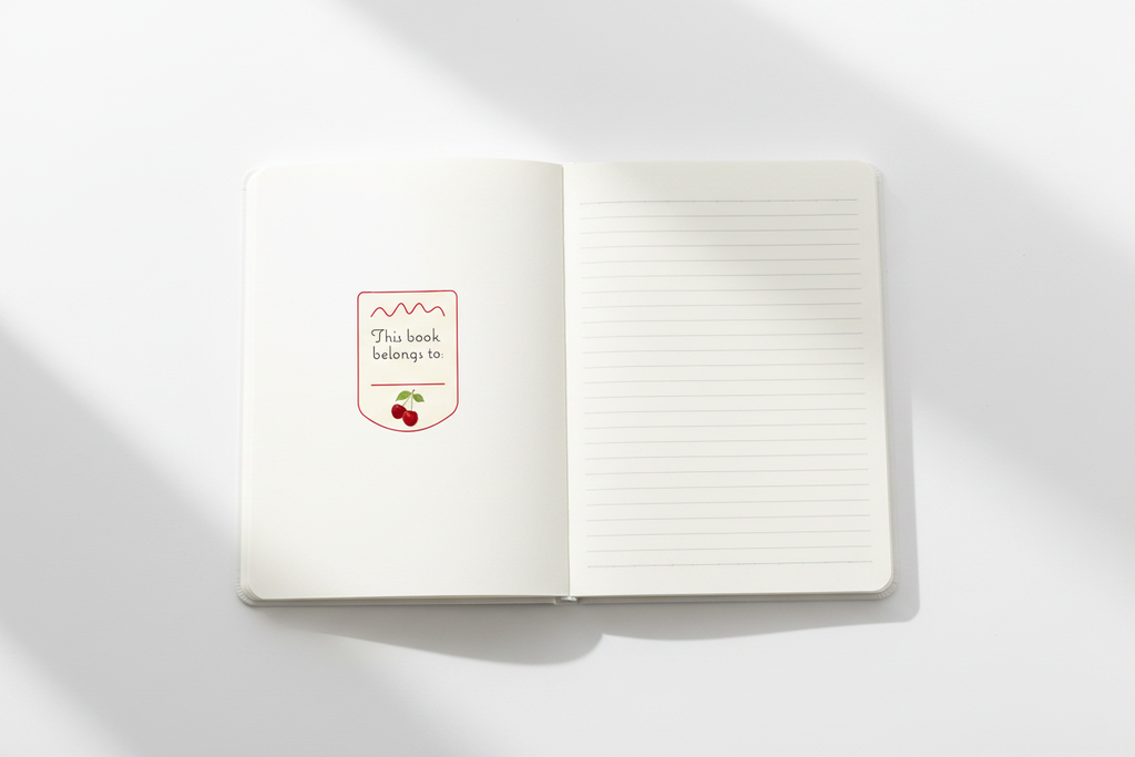 Strawberry Notebook inside cover with bookplate and lined pages